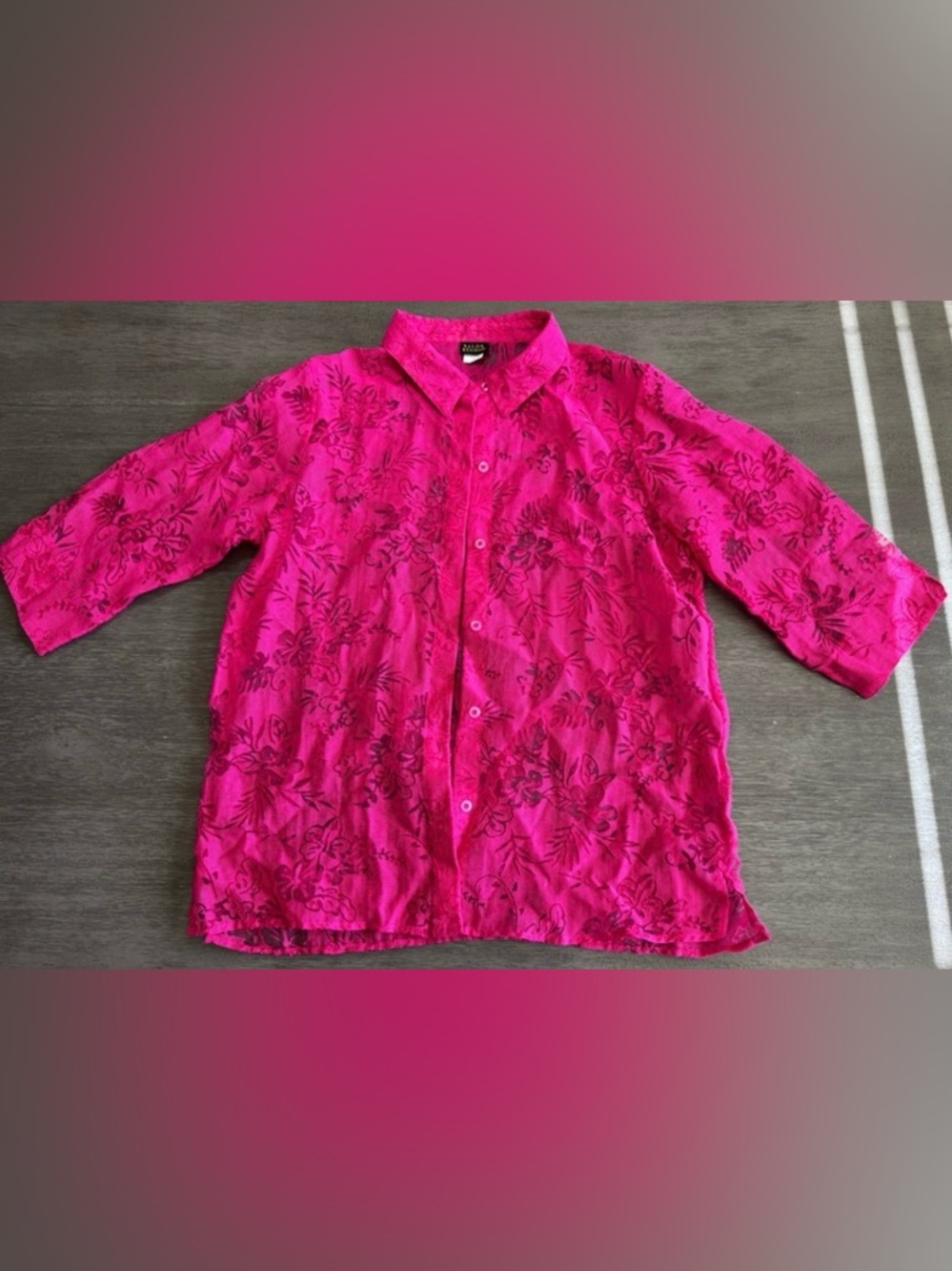 Vintage Sheer Lace Hot Pink Floral Button Down Shirt L